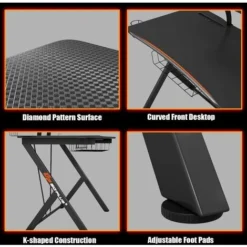 COSTWAY Multifunctional Gaming Computer Desk, Ergonomic Computer Table Includes Raised Shelf, Cable Management Grommet, Headphone Hook, Cup Holder, K-shaped Computer Table For Bedroom, Study -Office Furniture Store 71025202 5
