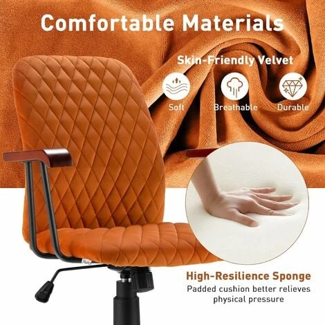 COSTWAY Velvet Office Chair, Ergonomic Swivel Computer Desk Chair With Rubber Wood Armrests, Adjustable Rolling Rocking Executive Task Chairs Tufted Leisure Seat For Home Office Bedroom (Orange) 2 COSTWAY Velvet Office Chair, Ergonomic Swivel Computer Desk Chair With Rubber Wood Armrests, Adjustable Rolling Rocking Executive Task Chairs Tufted Leisure Seat For Home Office Bedroom (Orange) - Image 2