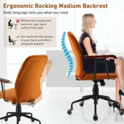 COSTWAY Velvet Office Chair, Ergonomic Swivel Computer Desk Chair With Rubber Wood Armrests, Adjustable Rolling Rocking Executive Task Chairs Tufted Leisure Seat For Home Office Bedroom (Orange) 7 COSTWAY Velvet Office Chair, Ergonomic Swivel Computer Desk Chair With Rubber Wood Armrests, Adjustable Rolling Rocking Executive Task Chairs Tufted Leisure Seat For Home Office Bedroom (Orange) -Office Furniture Store 72248499 3
