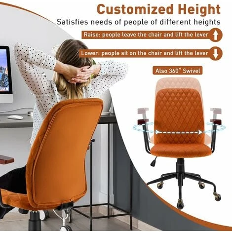 COSTWAY Velvet Office Chair, Ergonomic Swivel Computer Desk Chair With Rubber Wood Armrests, Adjustable Rolling Rocking Executive Task Chairs Tufted Leisure Seat For Home Office Bedroom (Orange) 4 COSTWAY Velvet Office Chair, Ergonomic Swivel Computer Desk Chair With Rubber Wood Armrests, Adjustable Rolling Rocking Executive Task Chairs Tufted Leisure Seat For Home Office Bedroom (Orange) - Image 4