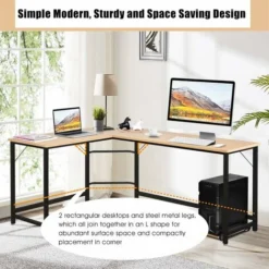 COSTWAY L-Shaped Computer Desk, 168 X 125 X 75cm,Industrial Large 2-Person Corner Writing Workstation PC Laptop Table, Wooden Metal Frame Home Office Work Study Gaming Desk (Natural) -Office Furniture Store 72883239 5