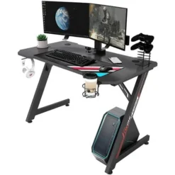IntimaTe WM Heart Gaming Desk, Z Shaped Large Ergonomic Computer Table, Pc Metal Gamer Desk 110cm For Home Office With Headphone Hook, Cup Holder, Black