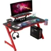 Intimate WM Heart Gaming Desk, 110cm Large Ergonomic Gaming Computer Desk, Carbon Fiber Table Top, E-Sports Desk With Adjustable Monitor Shelf, Rotatable Earphone, Cup, Handle Holders (Black And Red)