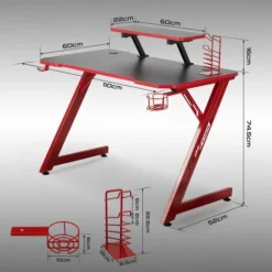 Intimate WM Heart Gaming Desk, 110cm Large Ergonomic Gaming Computer Desk, Carbon Fiber Table Top, E-Sports Desk With Adjustable Monitor Shelf, Rotatable Earphone, Cup, Handle Holders (Black And Red) -Office Furniture Store 73465765 3