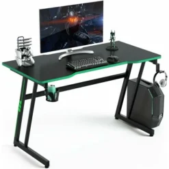 COSTWAY Computer Desk, 120cm Study Table Writing Workstation With Headphone Hook, Cup Holder And Game Handle Rack, Z-Shaped PC Laptop Table Working Gaming Desk For Home Office Bedroom (Green+Black)
