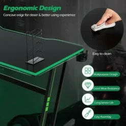COSTWAY Computer Desk, 120cm Study Table Writing Workstation With Headphone Hook, Cup Holder And Game Handle Rack, Z-Shaped PC Laptop Table Working Gaming Desk For Home Office Bedroom (Green+Black) -Office Furniture Store 74656334 3
