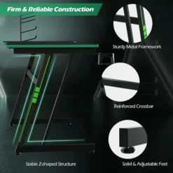 COSTWAY Computer Desk, 120cm Study Table Writing Workstation With Headphone Hook, Cup Holder And Game Handle Rack, Z-Shaped PC Laptop Table Working Gaming Desk For Home Office Bedroom (Green+Black) -Office Furniture Store 74656334 4
