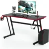 COSTWAY Computer Desk, 120cm Study Table Writing Workstation With Headphone Hook, Cup Holder And Game Handle Rack, Z-Shaped PC Laptop Table Working Gaming Desk For Home Office Bedroom (Red+Black)