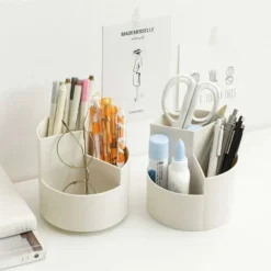 Rotating Pen Holder With 3 Compartments Desktop Organizer Creative Desk Organizer Pencil Holder Makeup Brush Holder Multi-Function Storage Rack Organizer White -Office Furniture Store 75328026 4