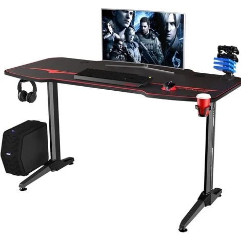 Devoko T-shape Large Black/Red Gaming Computer Desk With Free Full Mousepad,Earphone Hooks And Cup Holder,PC Desk Gaming Desk,110cm,Black 1 Devoko T-shape Large Black/Red Gaming Computer Desk With Free Full Mousepad,Earphone Hooks And Cup Holder,PC Desk Gaming Desk,110cm,Black