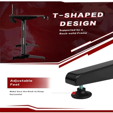 Devoko T-shape Large Black/Red Gaming Computer Desk With Free Full Mousepad,Earphone Hooks And Cup Holder,PC Desk Gaming Desk,110cm,Black 2 Devoko T-shape Large Black/Red Gaming Computer Desk With Free Full Mousepad,Earphone Hooks And Cup Holder,PC Desk Gaming Desk,110cm,Black - Image 2