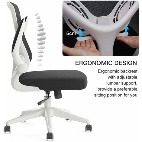 Ergonomic Desk Chair, Computer Office Chair With Flip-up Armrest&Lumbar Support, Adjustable Height, White 2 Ergonomic Desk Chair, Computer Office Chair With Flip-up Armrest&Lumbar Support, Adjustable Height, White - Image 2