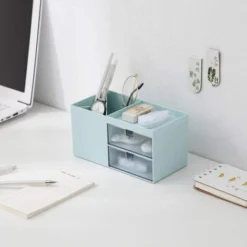 Desktop Storage Organizer Mini Box Desk Office Supplies Container Pen Holder For Desk Cute Pencil Cup Pot For Kids Makeup Brush Holder -Blue