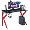 Gaming Desk, K-Shaped Metal Legs Gaming Computer Desk With 7-Color RGB Lighting, Carbon Fiber Table Top, Red