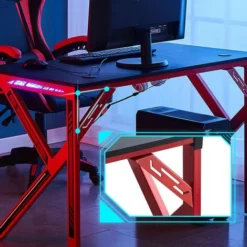Gaming Desk, K-Shaped Metal Legs Gaming Computer Desk With 7-Color RGB Lighting, Carbon Fiber Table Top, Red -Office Furniture Store 76038469 4