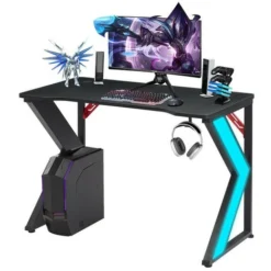Ergonomic RGB Gaming Desk,110 Cm Home Office Computer Desk With K-Shaped Metal Legs And Headphone Hooks