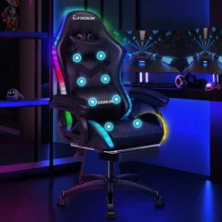 ELFORDSON Gaming Chair With RGB LED Light 8-Point Massage, Black