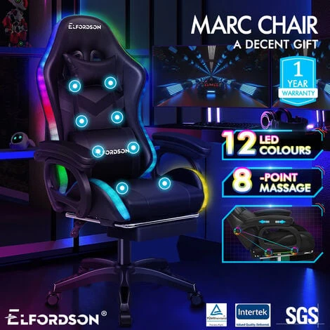 ELFORDSON Gaming Chair With RGB LED Light 8-Point Massage, Black 2 ELFORDSON Gaming Chair With RGB LED Light 8-Point Massage, Black - Image 2