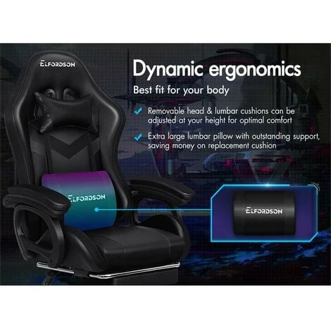 ELFORDSON Gaming Chair With RGB LED Light 8-Point Massage, Black 4 ELFORDSON Gaming Chair With RGB LED Light 8-Point Massage, Black - Image 4