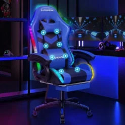 ELFORDSON Gaming Chair With RGB LED Light 8-Point Massage, Blue & Black