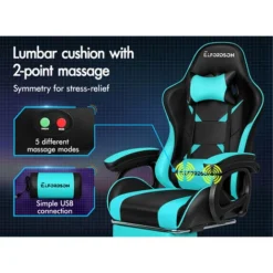 ELFORDSON Gaming Chair Lumbar Massage With Footrest, Cyan & Black -Office Furniture Store 77707043 5