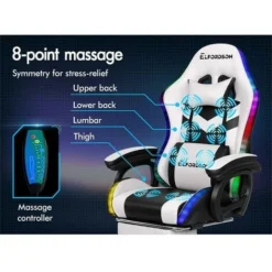ELFORDSON Gaming Chair With RGB LED Light 8-Point Massage, White & Black -Office Furniture Store 77707044 5