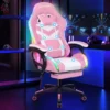 ELFORDSON Gaming Chair With RGB LED Light 8-Point Massage, Pink & White
