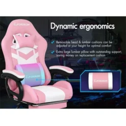 ELFORDSON Gaming Chair With RGB LED Light 8-Point Massage, Pink & White -Office Furniture Store 77707045 4