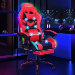 ELFORDSON Gaming Chair With RGB LED Light 8-Point Massage, Red & Black