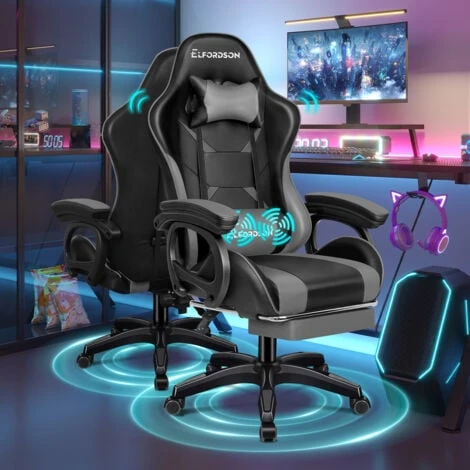 ELFORDSON Gaming Chair Lumbar Massage With Footrest, Grey & Black 1 ELFORDSON Gaming Chair Lumbar Massage With Footrest, Grey & Black