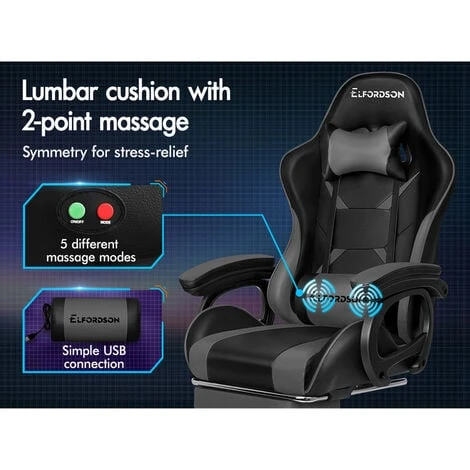 ELFORDSON Gaming Chair Lumbar Massage With Footrest, Grey & Black 5 ELFORDSON Gaming Chair Lumbar Massage With Footrest, Grey & Black - Image 5