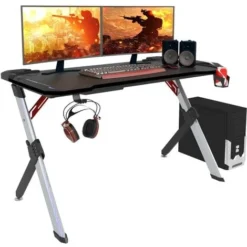 WOLTU Gaming Desk LED Black Computer Racing Table With Cup Holder Headphone Hook Black