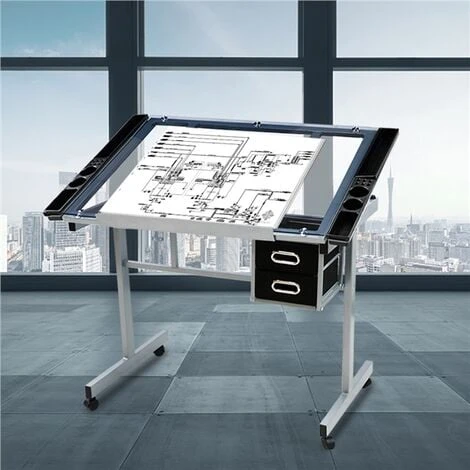 Yaheetech Adjustable Drafting Drawing Craft Table Art Glass Desk W/Storage Drawers, Black 2 Yaheetech Adjustable Drafting Drawing Craft Table Art Glass Desk W/Storage Drawers, Black - Image 2