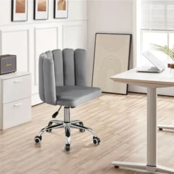 Desk Chair Velvet Computer Office Chair With Unique Back Armrest Height Adjustable Padded Seat Swivel Chair For Desk Home Office, Grey
