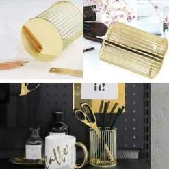 HIASDFLS Pot Crayons Métal Pinceaux Rond Durable Pot Crayons Évidé Doré Pot Crayons Fer Ajouré Pot Crayons Rond Métallique Papeterie Stockage Organiseur Conteneur - Or -Office Furniture Store 89420176 4