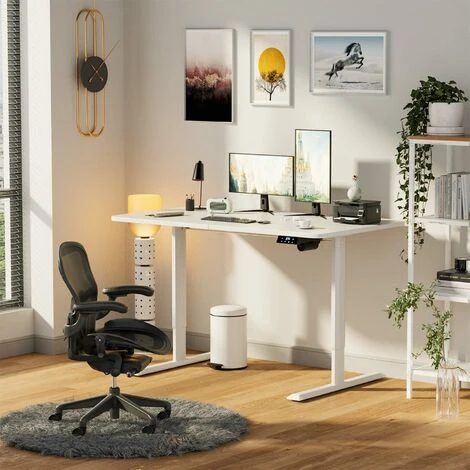 Standing Desk 140CM Electric Height Adjustable Desk Stand Up Home Office Computer Desk T-Shaped Metal Bracket Desk With Wood Tabletop And Memory Settings,White 2 Standing Desk 140CM Electric Height Adjustable Desk Stand Up Home Office Computer Desk T-Shaped Metal Bracket Desk With Wood Tabletop And Memory Settings,White - Image 2