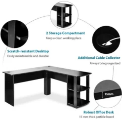 Corner Desk L-Shaped Computer Desk With 2-Tier Shelves, Workstation Gaming Desk Home Office Desk, Black 7 Corner Desk L-Shaped Computer Desk With 2-Tier Shelves, Workstation Gaming Desk Home Office Desk, Black -Office Furniture Store 89944709 3