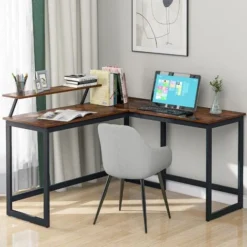 L Computer Desk With Self Corner Desk Work Table Home Office Table Industrial Rustic Brown