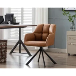 Desk Chair Modern Swivel Task Chair Without Wheels For Bedroom Home Office, Leather, Brown -Office Furniture Store 91014421 4
