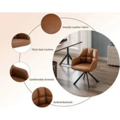 Desk Chair Modern Swivel Task Chair Without Wheels For Bedroom Home Office, Leather, Brown -Office Furniture Store 91014421 5