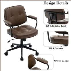 Leather Home Office Chair Swivel Computer Desk Chair Height Adjustable, Brown -Office Furniture Store 91014424 3