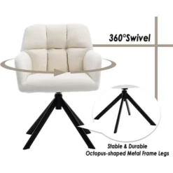 Desk Chair Modern Swivel Task Chair Without Wheels For Bedroom Home Office, Velvet, White -Office Furniture Store 91014427 4