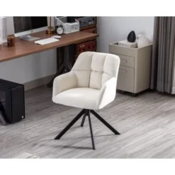 Desk Chair Modern Swivel Task Chair Without Wheels For Bedroom Home Office, Velvet, White -Office Furniture Store 91014427 5