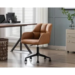 Home Office Chair Modern Desk Chair With Arms Swivel Computer Chair For Bedroom, Leather, Brown -Office Furniture Store 91014458 5