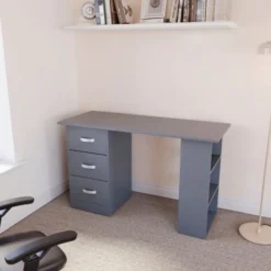 Mason Computer Desk 3 Drawer 3 Shelves PC Workstation Shelf Storage Home Office Table, Grey -Office Furniture Store 91415870 4