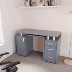 Otley Computer Desk 3 Drawer PC Workstation Shelves Storage Home Office Table, Grey -Office Furniture Store 91415878 4