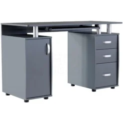 Otley Computer Desk 3 Drawer PC Workstation Shelves Storage Home Office Table, Grey -Office Furniture Store 91415878 5