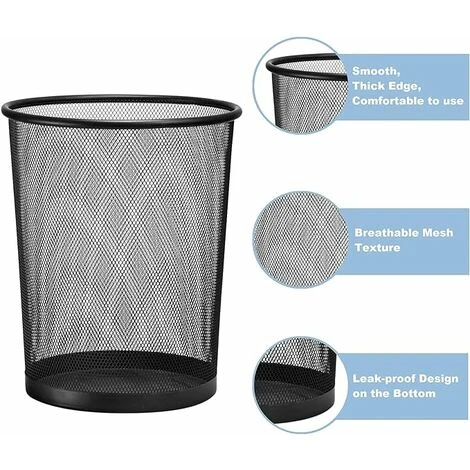 19L Mesh Metal Bin Black Wire Mesh Waste Paper Basket Round Wastebasket 2 19L Mesh Metal Bin Black Wire Mesh Waste Paper Basket Round Wastebasket - Image 2