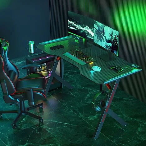 Neo Gaming Desk LED Computer Racing Table With Cup Holder Headphone Hook Cable Management 2 Neo Gaming Desk LED Computer Racing Table With Cup Holder Headphone Hook Cable Management - Image 2