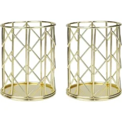 Metal Pen Holder Pencil Pot Pen Multifunction Hollow Pencil Holder Stationery Storage Organizer Container For Home, School, Office 2 Pieces (Gold)